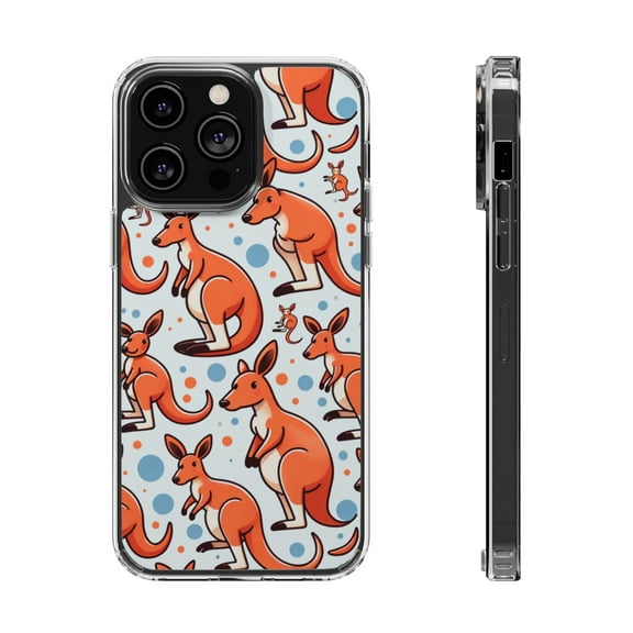 DistinctInk Hybrid (Acrylic / TPU) Clear Slim Fit Case for Apple iPhone 14 Pro MAX (6.7" Screen) - "Playful Kangaroo Parade: Repeating Cartoon Pattern"