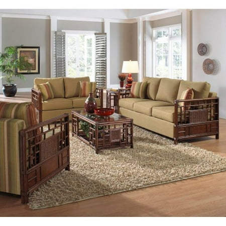 Hospitality Rattan Padre Island Upholstered Rattan & Wicker 5 Piece Deep Seating Conversation Set with Cushions - Antique