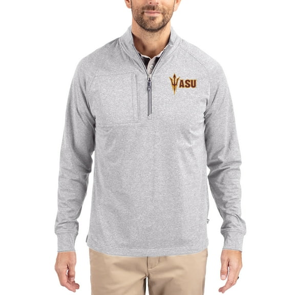 Women's-Cutter & Buck  Heather Gray Arizona State Sun Devils Adapt Eco Knit Stretch Recycled DryTec Raglan Quarter-Zip