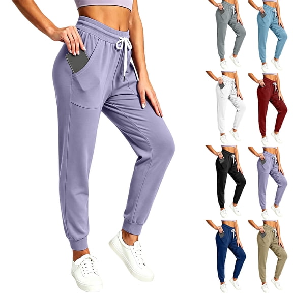 Women's Wide Leg Pants With Pockets High Waist Women's Casual Solid With Pocket Elastic Waist Tapered Pants Sweatpants White L