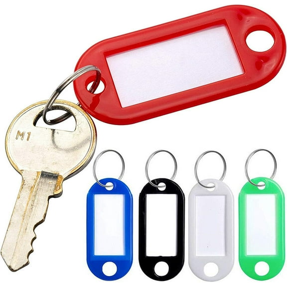 Plastic Color Key Tags Packs of 50 with Papers Inserts Slit Rings ID Tags Names -Multi Color Key-Ring Tags Papers Labels with for Luggage, Pet,Name, Memory, Stick, Tags, ID,Work, Office