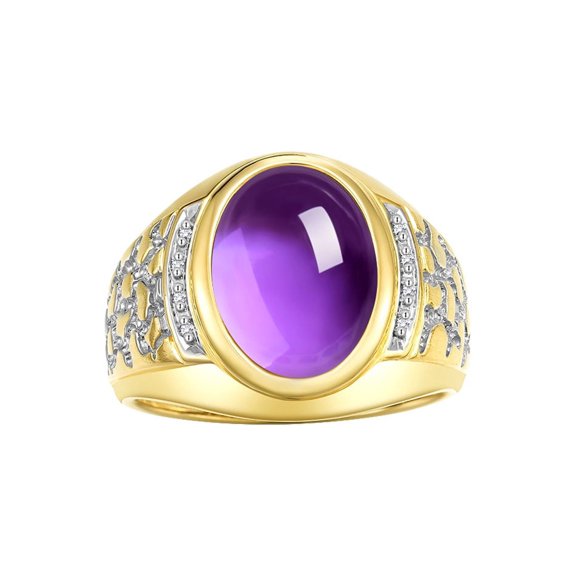 RYLOS Men's Rings Yellow Gold Plated Silver Nugget Ring with Cabochon Gemstone & Diamonds Amethyst Rings For Men Size 8