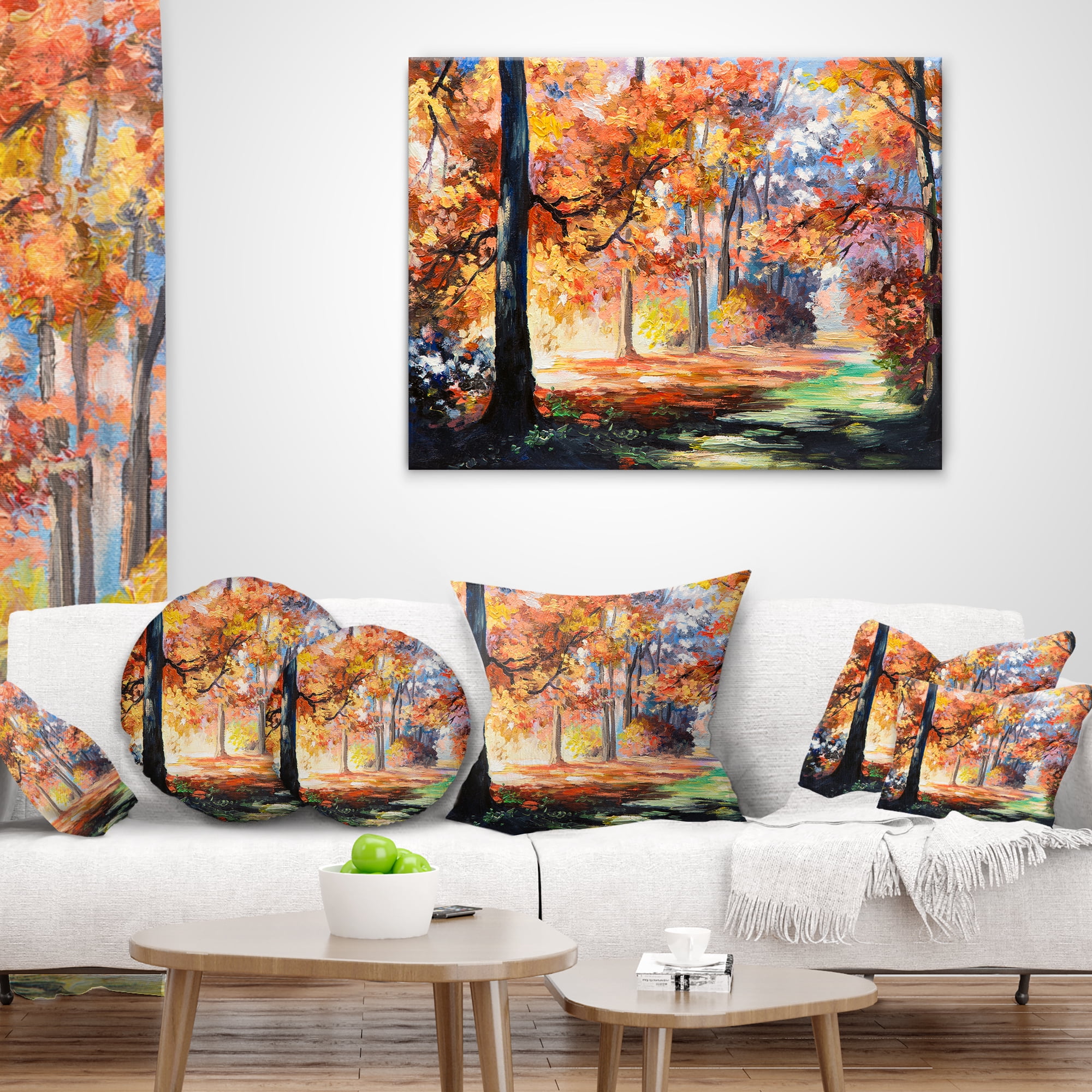 Designart Fall Trail in Forest - Landscape Printed Throw Pillow - 16x16