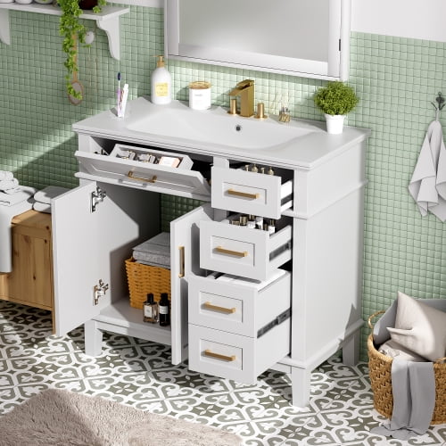 36" White Modern Bathroom Vanity with Ceramic Sink, Soft Close Doors, 4 Drawers for Storage