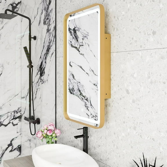 33"x20"LED Iron Medicine Cabinet Mirror for Bathroom Vanity,Rectangle Recessed or Surface led Medicine Cabinet with Shelves,3-Color Stepless Dimming Bathroom Vanity Mirror,Left Hinge,Plug Style,Gold