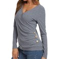 thumbnail image 4 of Women Wrap Front Side Buttons Long Sleeve V Neck Plain Shirt, 4 of 5