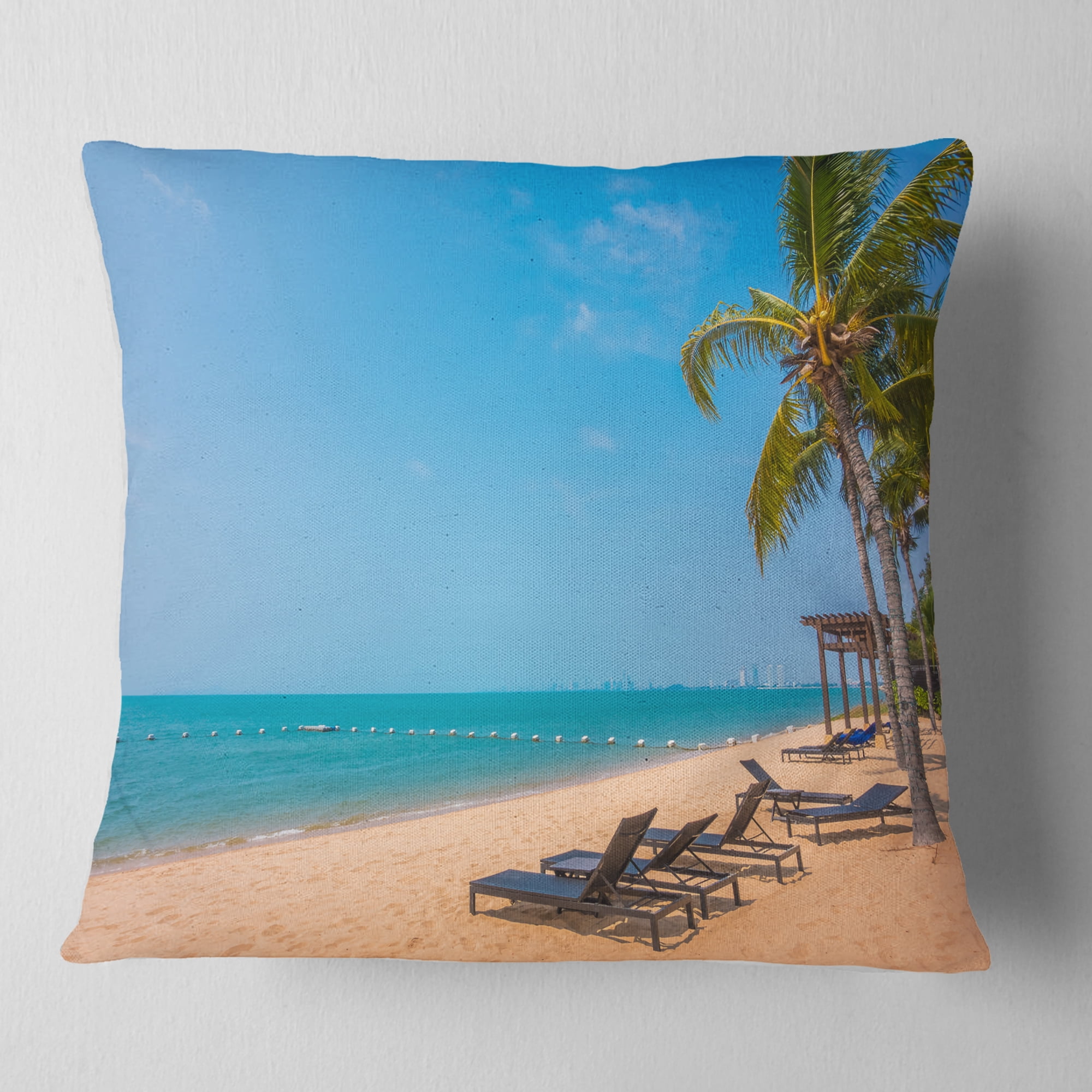 Designart Blue Beach with Palm Trees - Seashore Photo Throw Pillow - 18x18