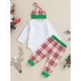 thumbnail image 4 of Bslissey Baby Girls Boys Christmas Jumpsuit Outfits Long Sleeve Bowtie Letter Print Romper + Plaid Pattern Pants + Hat 3Pcs Clothes Set for Infant Toddler 0-24 Months, 4 of 9