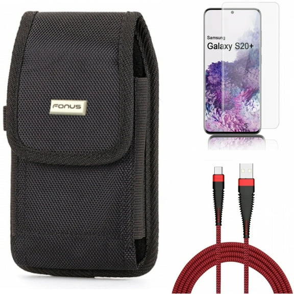 10ft USB Cable w Screen Protector w Case Belt Clip for Samsung Galaxy S20 Plus - Type-C Charger Cord Power, Tempered Glass [Fingerprint Unlock] 3D Curved Edge, Swivel Holster fits Galaxy S20 Plus