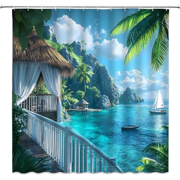 ABDFHE-Tropical Ocean Shower Curtain Sea Beach Theme with Palm Trees and Sailboat Blue Turquoise Water Mountain Scenic Bathroom Decor Polyester Curtains with Hooks,70Wx70L