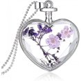 thumbnail image 1 of Collar de flores moradas prensadas en seco con forma de corazón, colgante de cristal redondo, 1 of 5