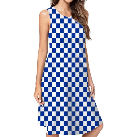 Blue And White Kentucky Checkerboard Spring Summer Dresses For Women Fashion Dress Casual Sleeveless Loose Sundress With Pockets