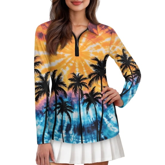 Chririnla Tie-Dye Coconut Tree Women Quick Dry UPF 50 Long Sleeve Golf Polo UV Shirts Workout Sun Shirt Moisture Wicking Athletic Hiking Running Tops for Exercise, Running, Fishing,L