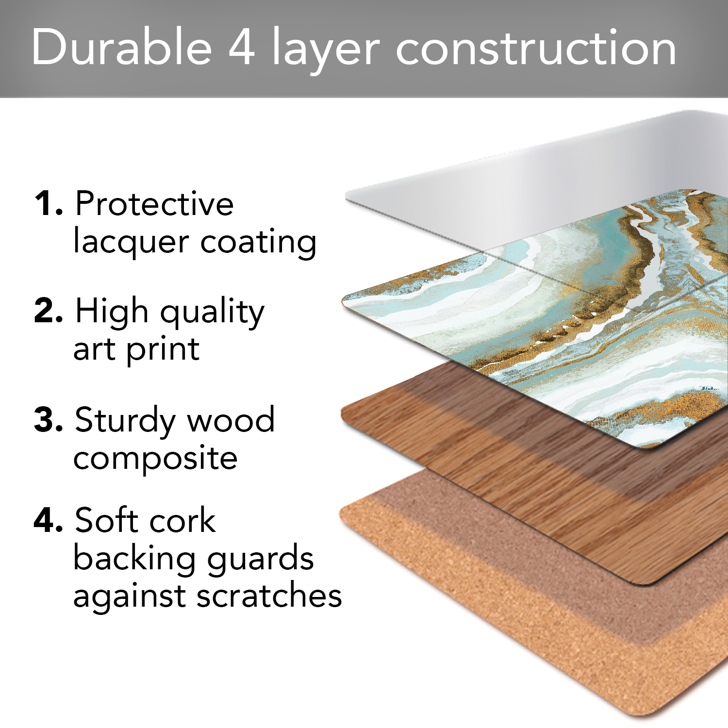 Cala Home "Teal Agate" Premium Decorative Hardboard Cork Back Tabletop Placemats 4 Pack