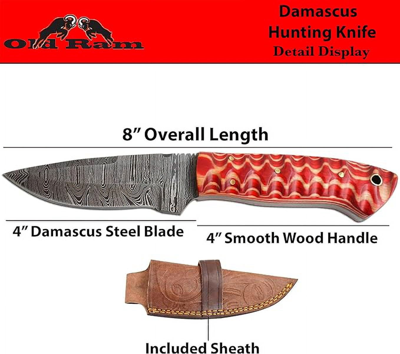 Old Ram Twisted Red Wood 8.25" Damascus Hunting Knife with Leather Sheath