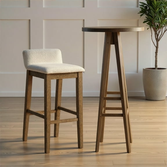 Annikah Modern Transitional Wood Bar Height Kitchen Bar Stool in Putty Brown Finish with White Boucle Fabric Upholstered Seat