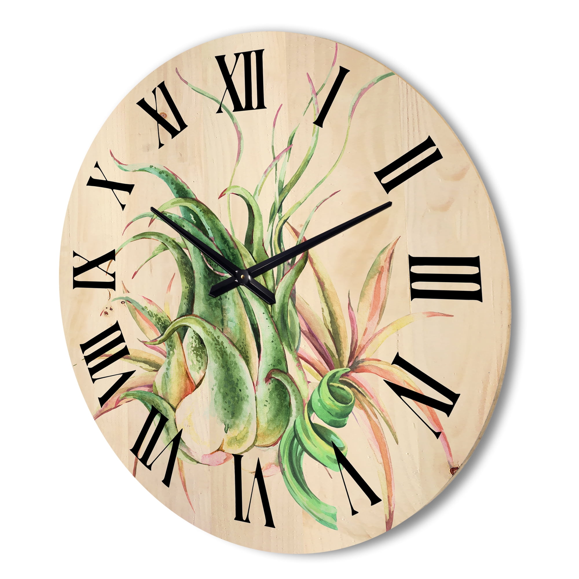 Designart 'Tropical Leaves Air Plant Succulent On White' Farmhouse Wood Wall Clock