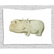 Hippo Tapestry, Watercolor Style Illustration of Hand-Drawn Happy Baby Hippo, Wall Hanging for Bedroom Living Room Dorm Decor, 60W X 40L Inches, Pale Sage Green Sepia and White, by Ambesonne