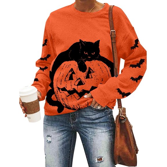 KimSoong Women Halloween Sweatshirt Black Cat Pumpkin Graphic Pullover Crew Neck Long Sleeve Sweatshirt