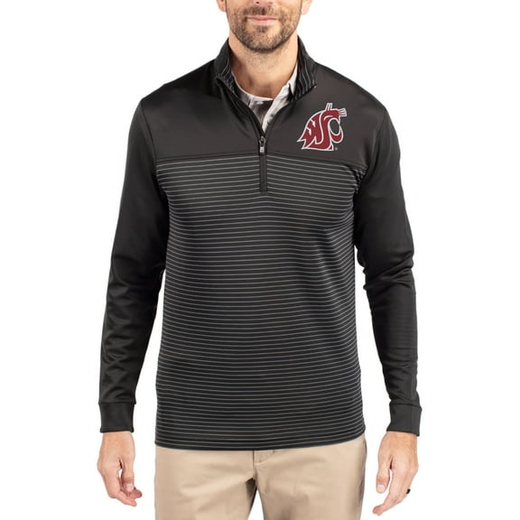 Men's-Cutter & Buck  Black Washington State Cougars Traverse Stretch Eco Stripe DryTec Tri-Blend Quarter-Zip Pullover