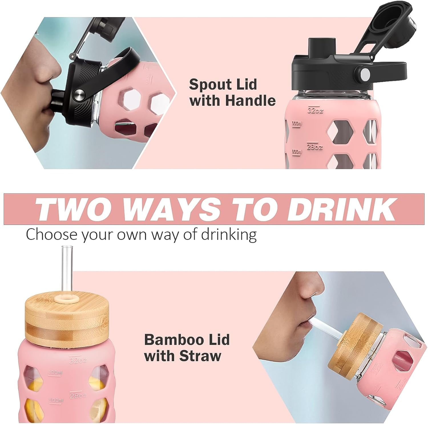 MUKOKO 32oz Glass Water Bottle, Glass Reusable Bottle with Silicone Sleeve and Straw, 1 Cup 2 Lids, Pink
