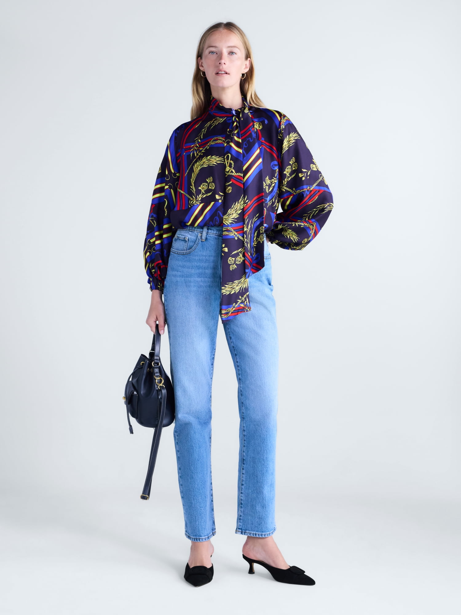Free Assembly Women's and Women's Plus Silk Tie Neck Top with Long Sleeves, Sizes XXS-4X