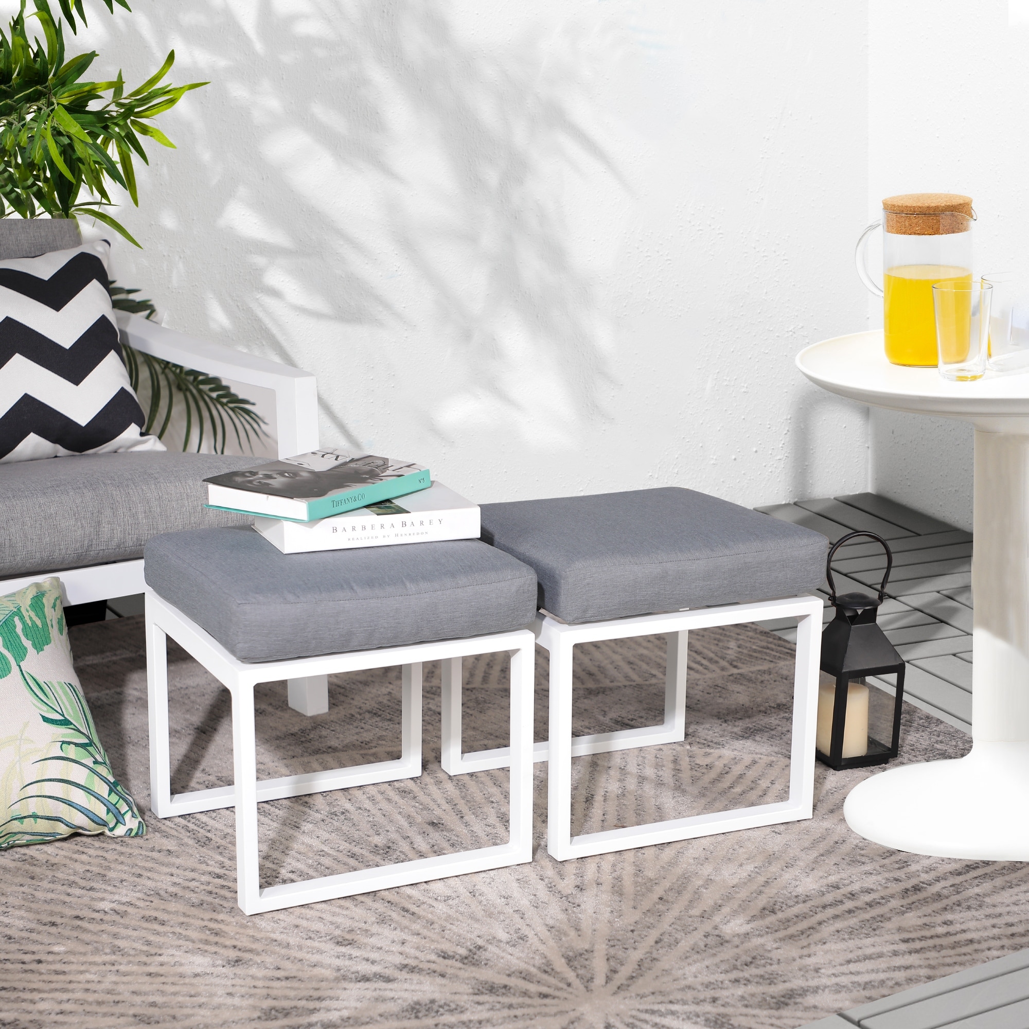 Set of 2 Outdoor Aluminum Ottomans Patio Cushioned Seat Stools White/Grey