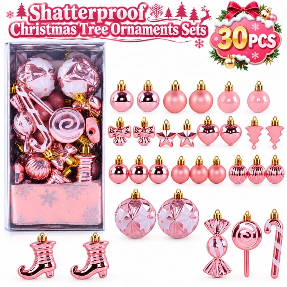 Velmasee 30PCS Shatterproof Christmas Tree Ornaments Set - Assorted Shapes Hanging Christmas Ball Ornaments Baubles Set with Strings for Holiday Xmas Tree Home Party Decor