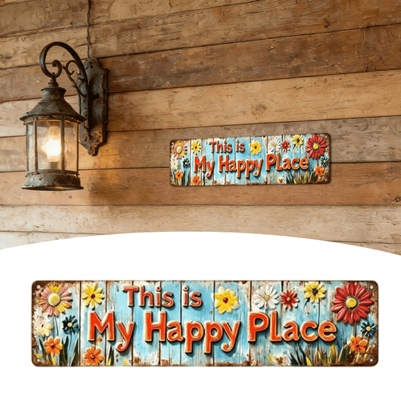 Wall Hanging "This Is My Happy Place" Metal Sign, Rustic Tin Wall Decor for Garden Patio Home, Farmhouse Wall Hanging