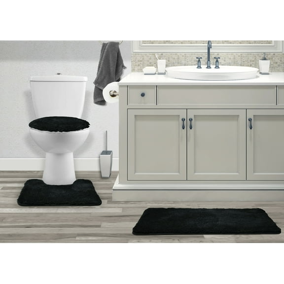 Mary 3 Piece Bathroom Rug Set, Luxury Soft Plush Shaggy Thick Fluffy Microfiber Bath Mat, Countour Rug, Toilet Seat Lid Cover, Non-slip Rubber Back, Floor Mats Water Absorbent, Black