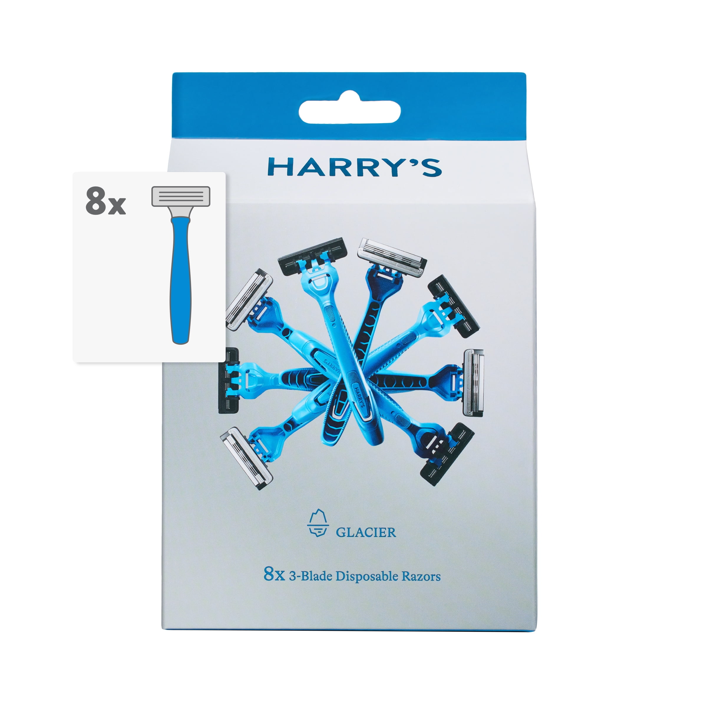 Harry's Men's 3-Blade Disposable Razors, Glacier Blue, 8 Count