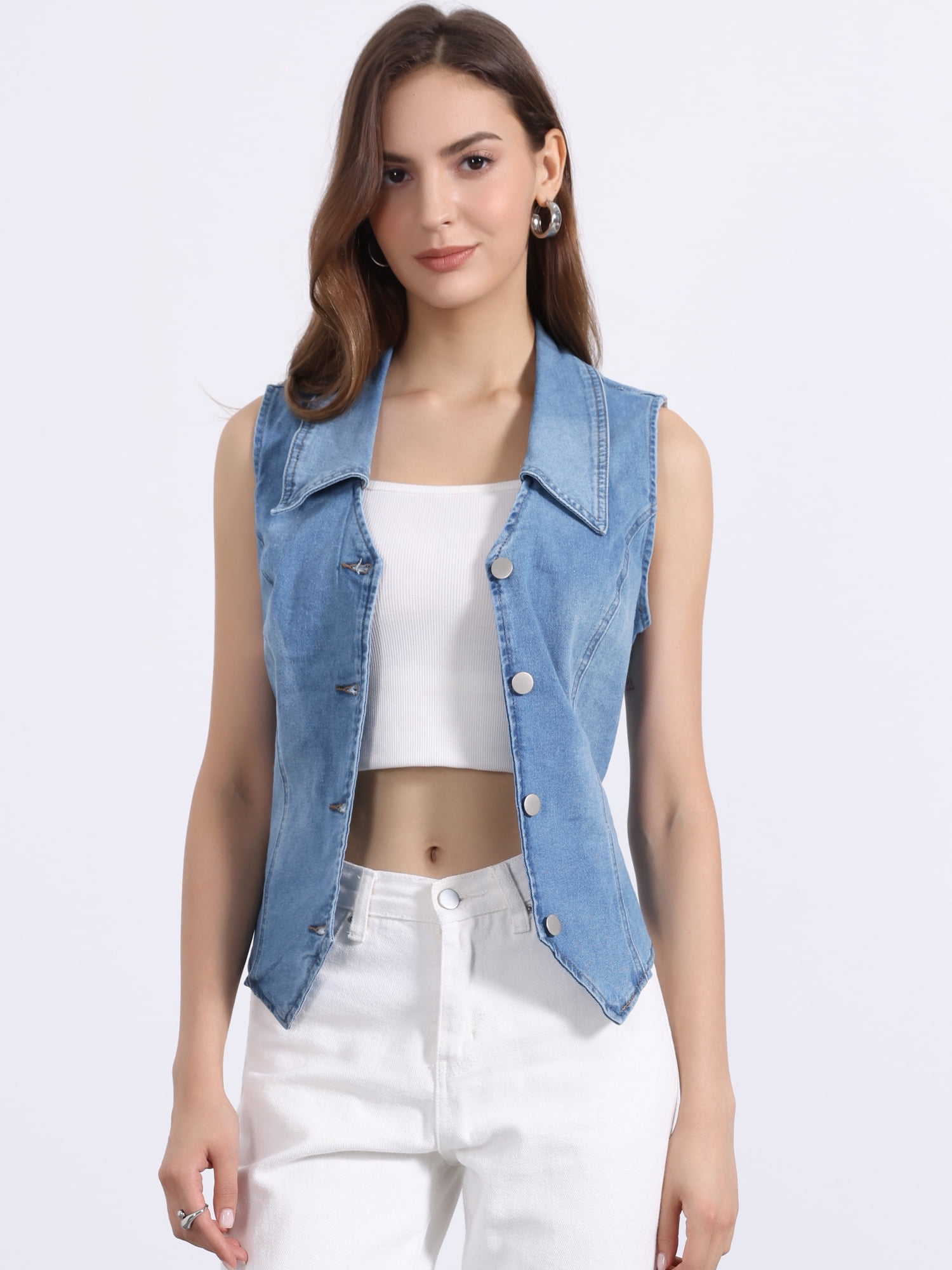 DARING DIVA Women's Denim Vest Sleeveless Jean Jacket Tops Button Down Waistcoat M Blue