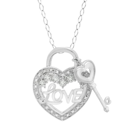 Heart & Key 'Love' Pendant Necklace with Diamonds in Sterling Silver