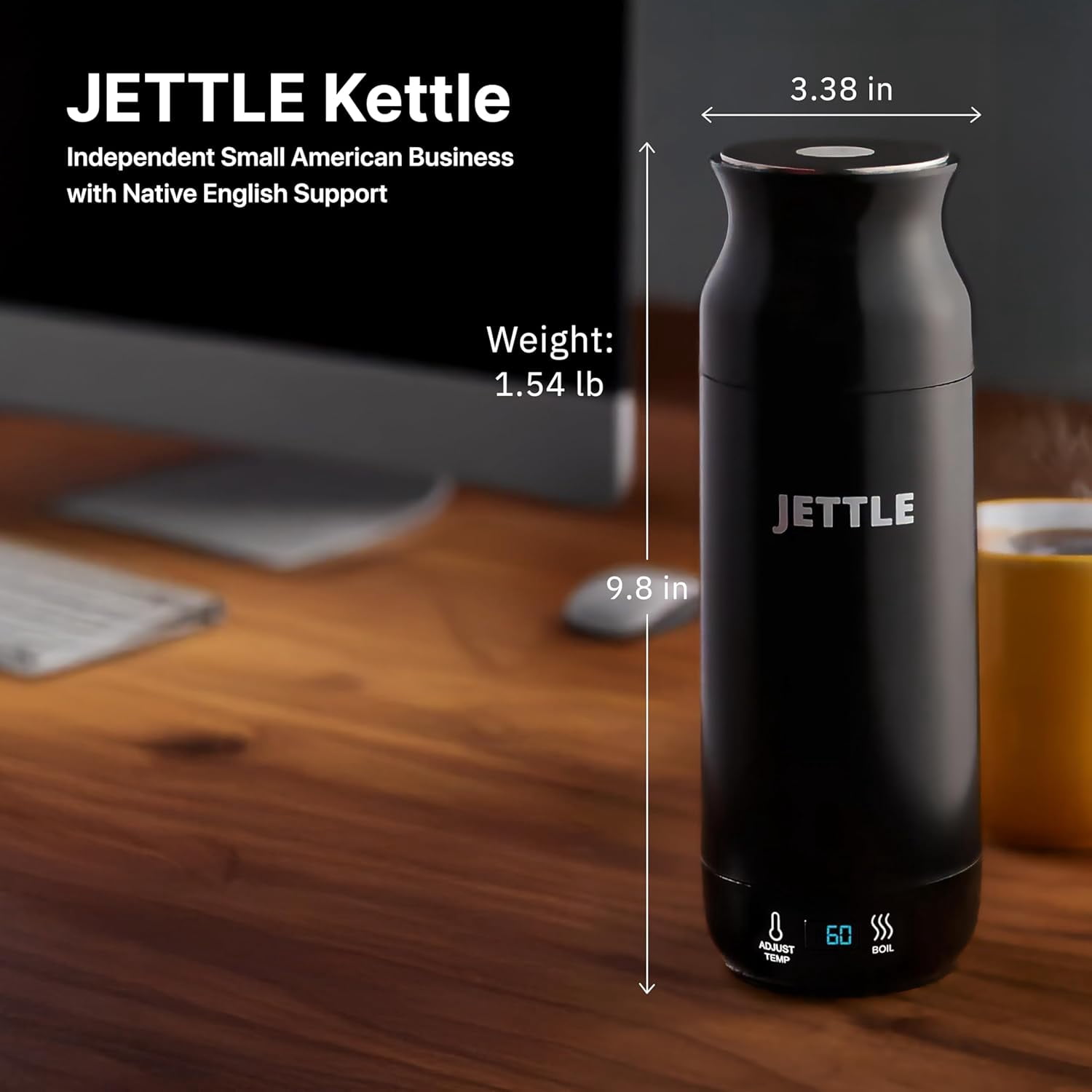 Jettle Travel Electric Kettle - 450ml Bottle-Style Top-Fill No-Spout Water Boiler for Tea & Coffee - Temperature Control, LED Display, Auto Shut-Off - Stainless Steel, 110V