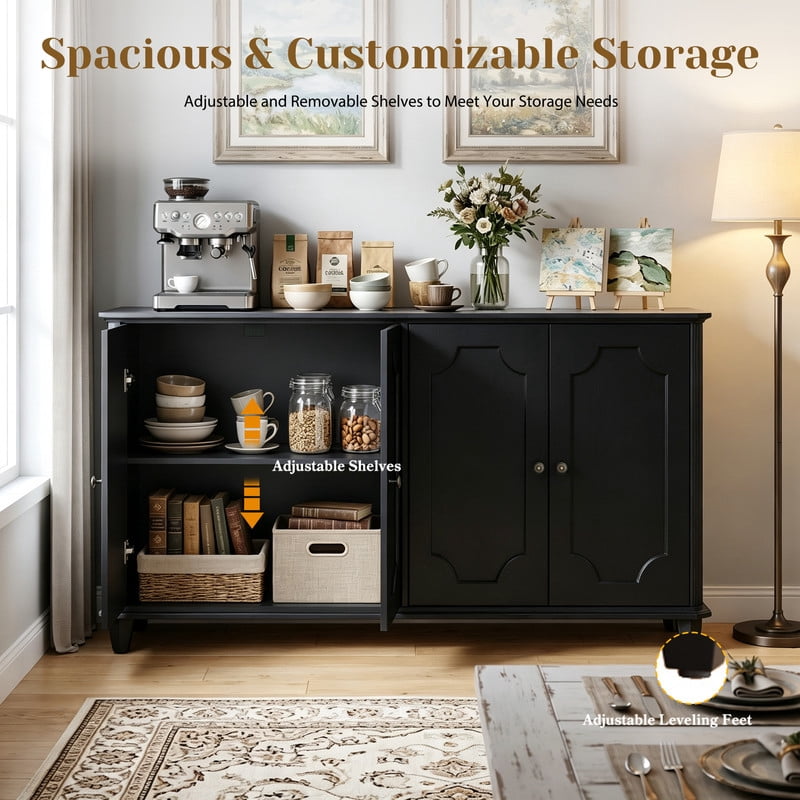 Vintage Farmhouse Buffet Sideboard Cabinet, 4 Embossed-Door Storage Cupboard, Versatile Cabinet with Adjustable Shelf
