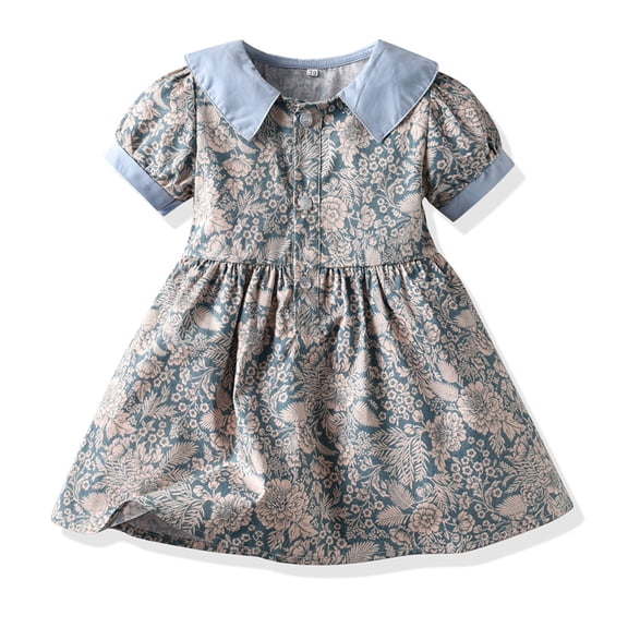 WOLLED Newborn Girls Cotton Dresses for Kids Toddler Bubble Sleeve Waist Princess Dress Sundress for 3 Months - 4 Years