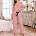 thumbnail image 2 of TEAJOPSUU Women's 2 Piece Pajama Sets Cute Comfy Notched Collar Button Down Long Sleeve Sleepwear Sets with Pants Loungewear Outfit Sets Pink, 2 of 5