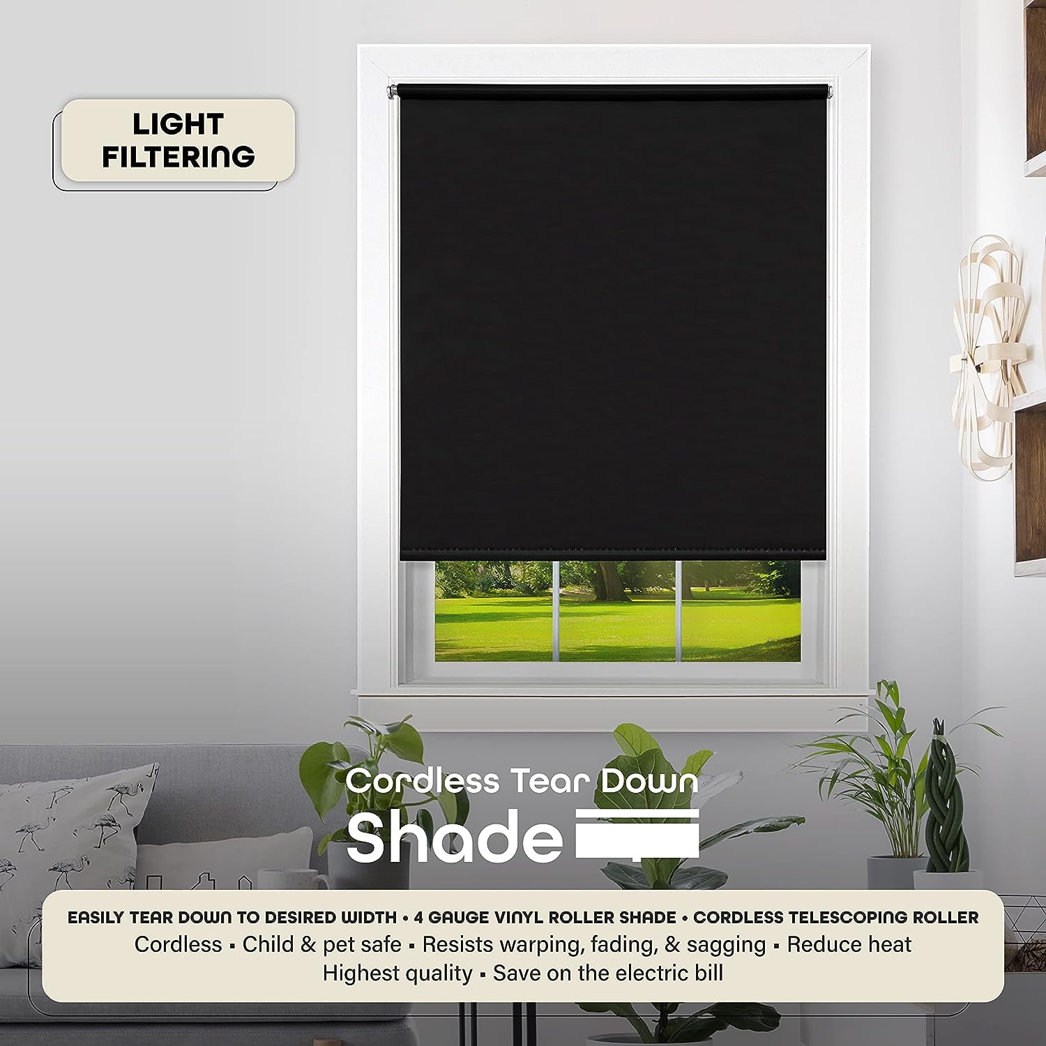 Achim Tear Down Roller Window Shades, 37 x 72, Cordless, Black Vinyl, Light Filtering, Indoor