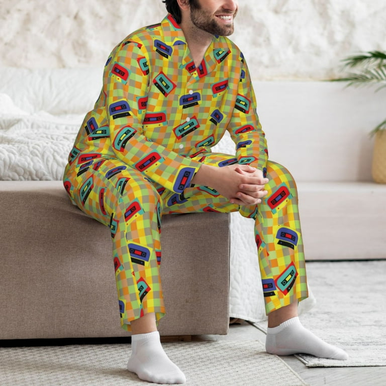 Lukts 90s Audio Tape print Men s Pajamas Set Long Sleeve Button Down Sleep Shirt and Pajama Bottoms Sleepwear Set nightwear Small Walmart