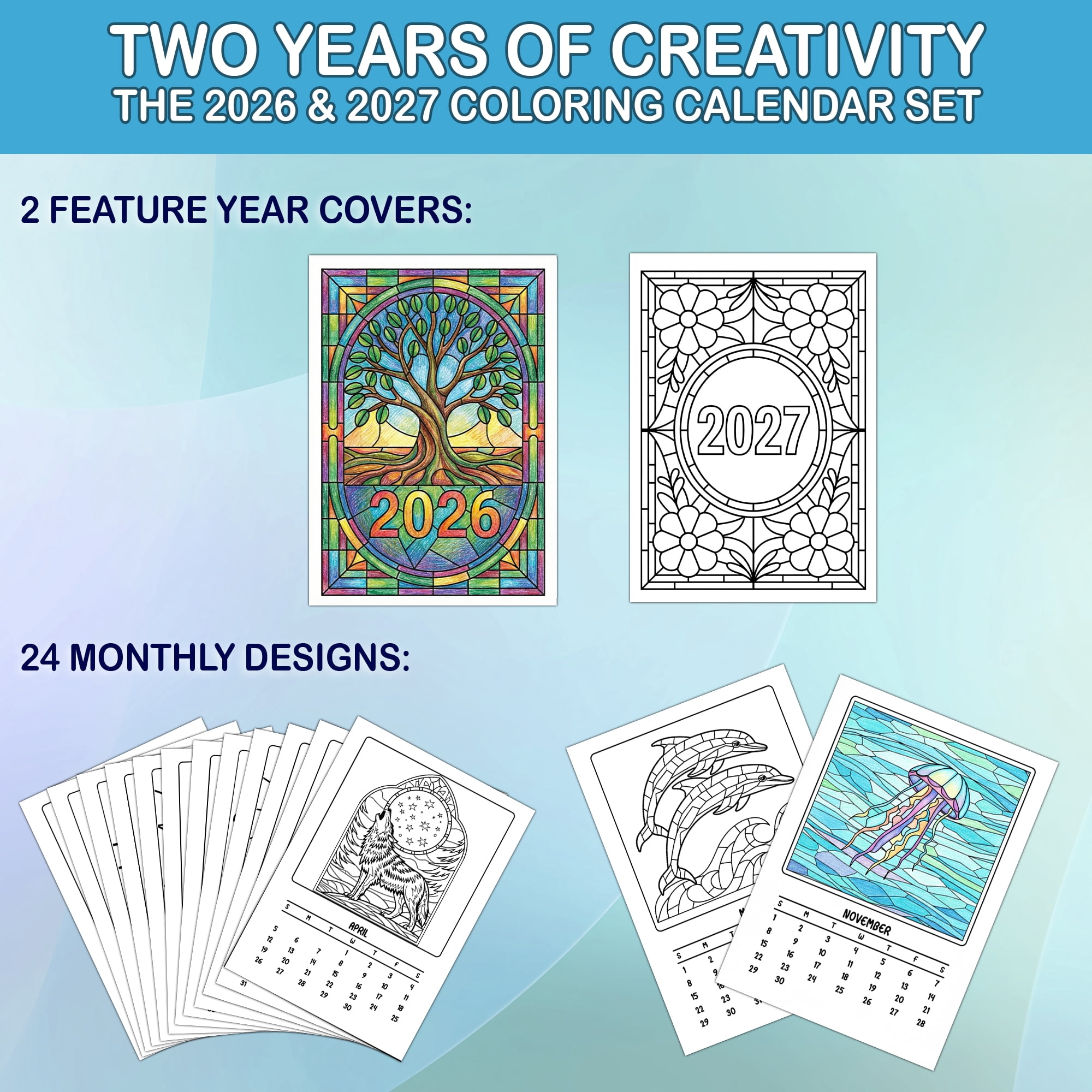 Stained Glass Animals Coloring Desk Calendar 2026–2027, A5 Wooden Cover Planner with 26 Easy Coloring Pages for Adult Relaxation, 24 Month Desktop Calendar with Stand, Gift for Family & Friends