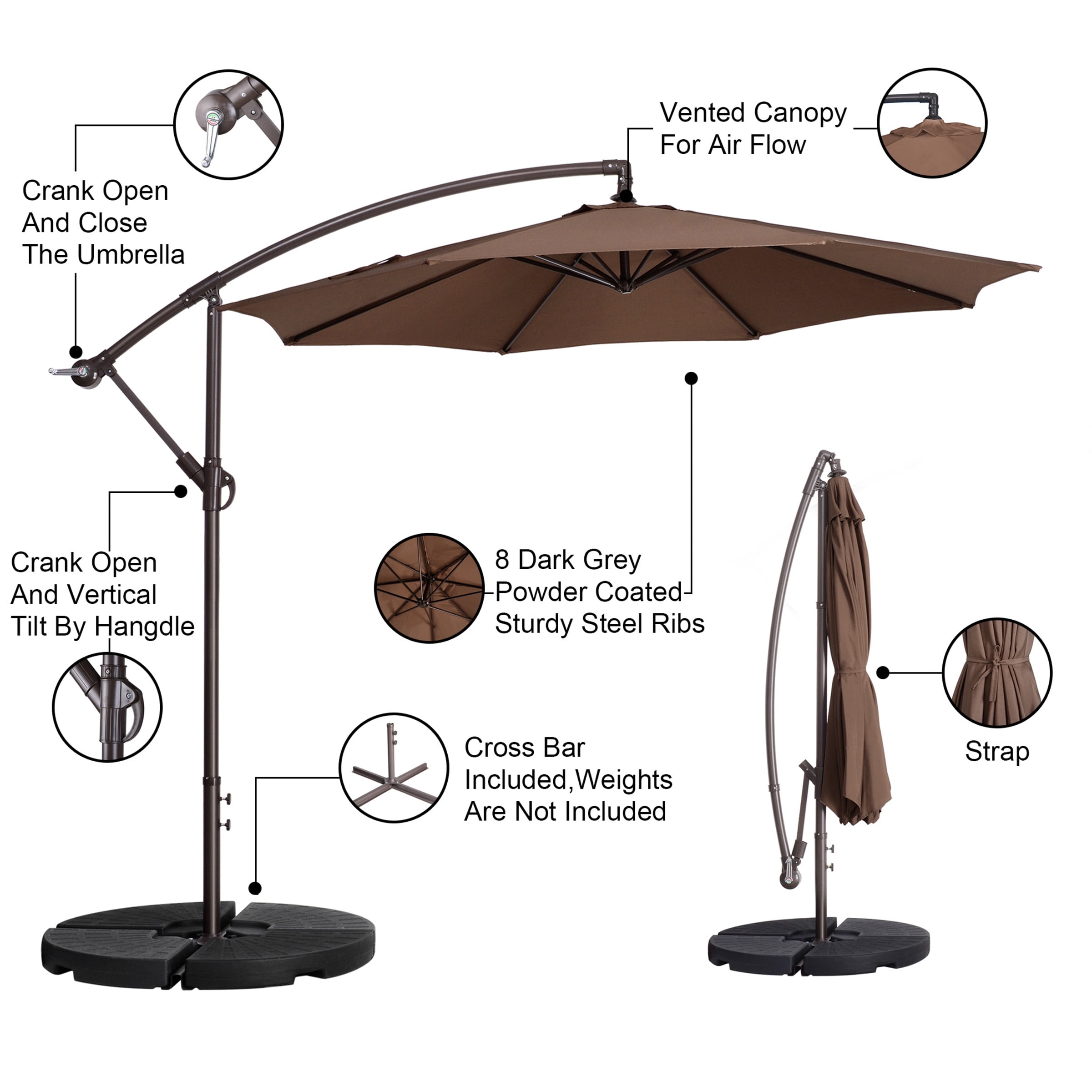 Cantilever Umbrella - 10FT Offset Outdoor Patio Umbrella with Tilt, Brown