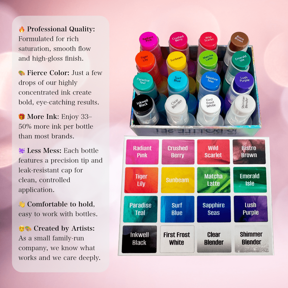 T-Rex Inks Starter Palette Alcohol Ink Set - Vibrant Professional Quality, 16 Colors, Huge 20ml Bottles, Intensely Saturated, High Gloss, for Painting, Tumblers & Epoxy Resin Art