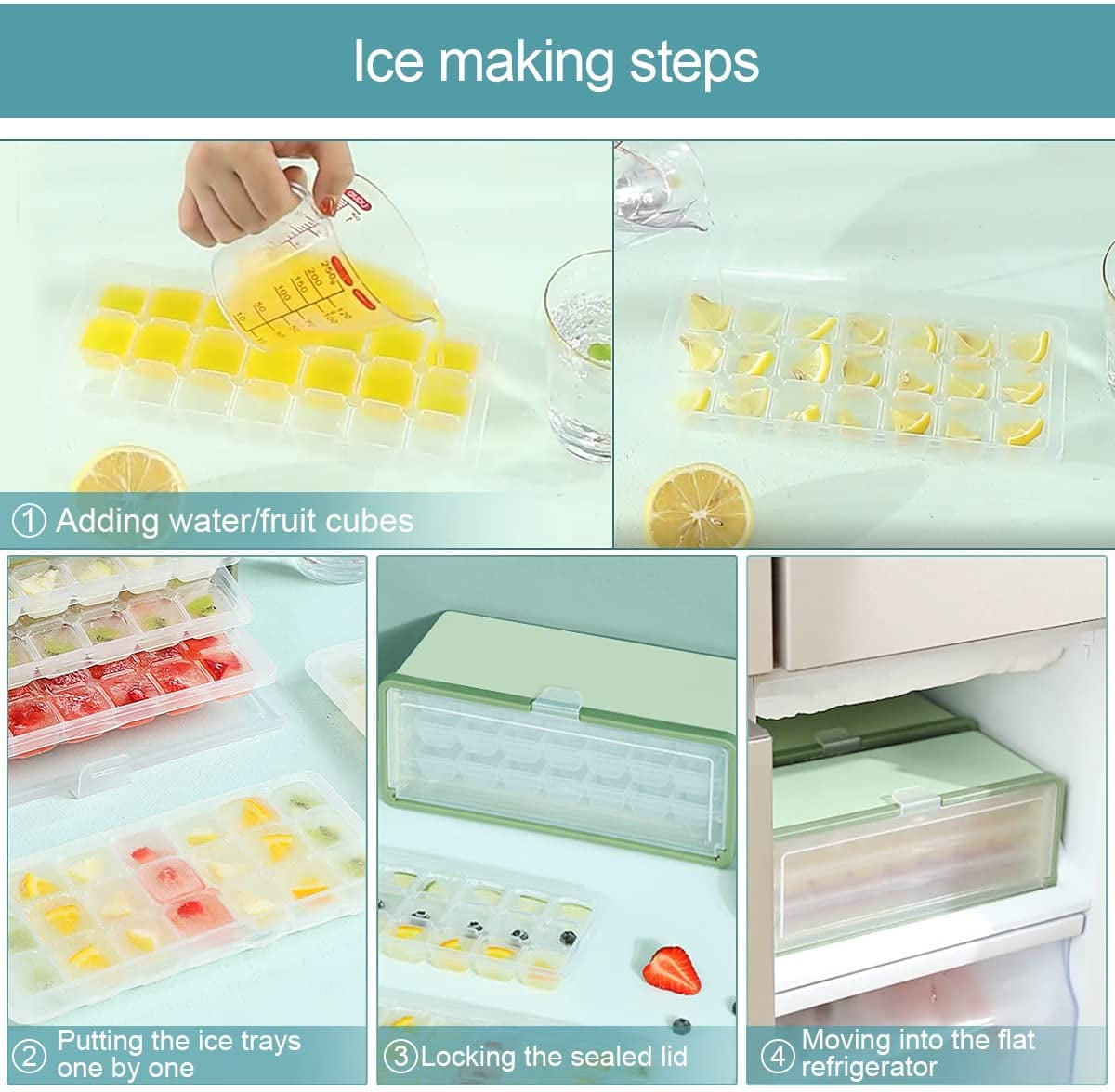 Ice Cube Tray with Lid and Bin, 2 Pack for Freezer, 64 Pcs Ice Cube Mold  (Green) 313027986906