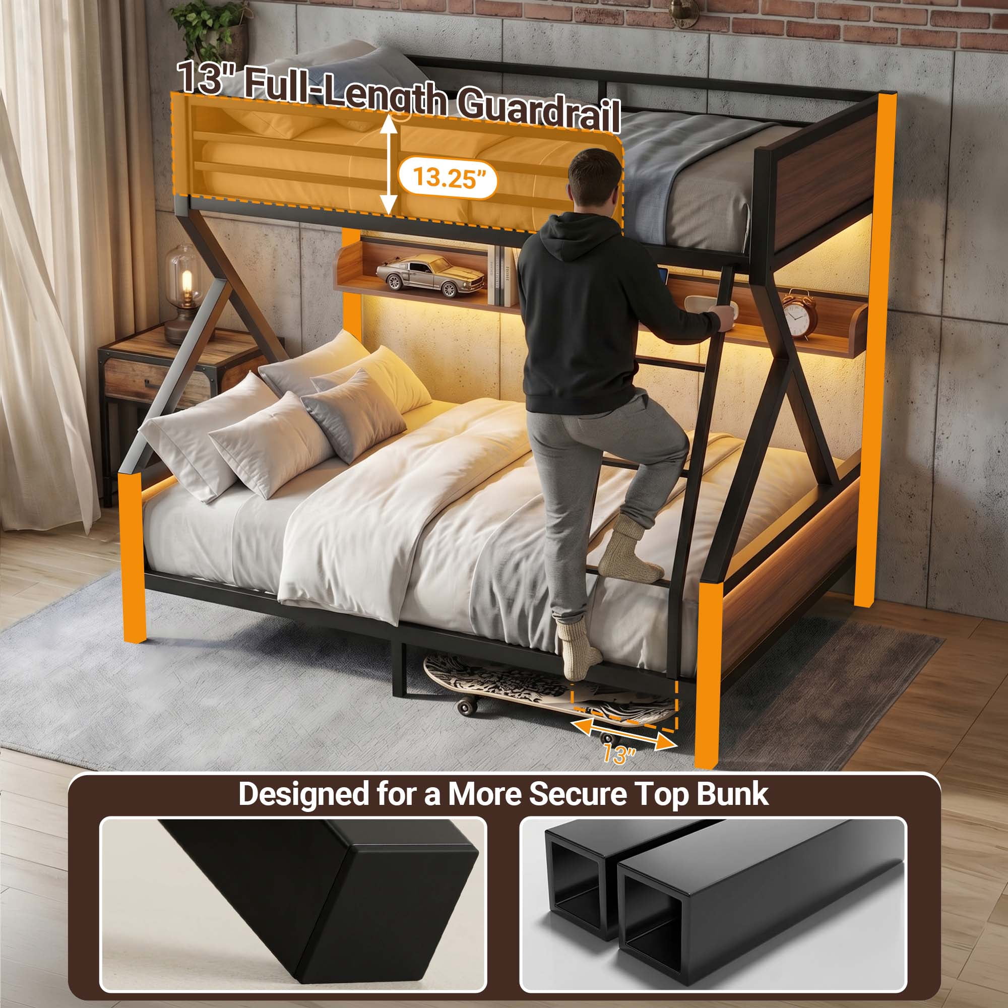 Miniyam Twin over Full Bunk Bed with Storage Shelf and LED Light, Metal & Wood Frame, Black