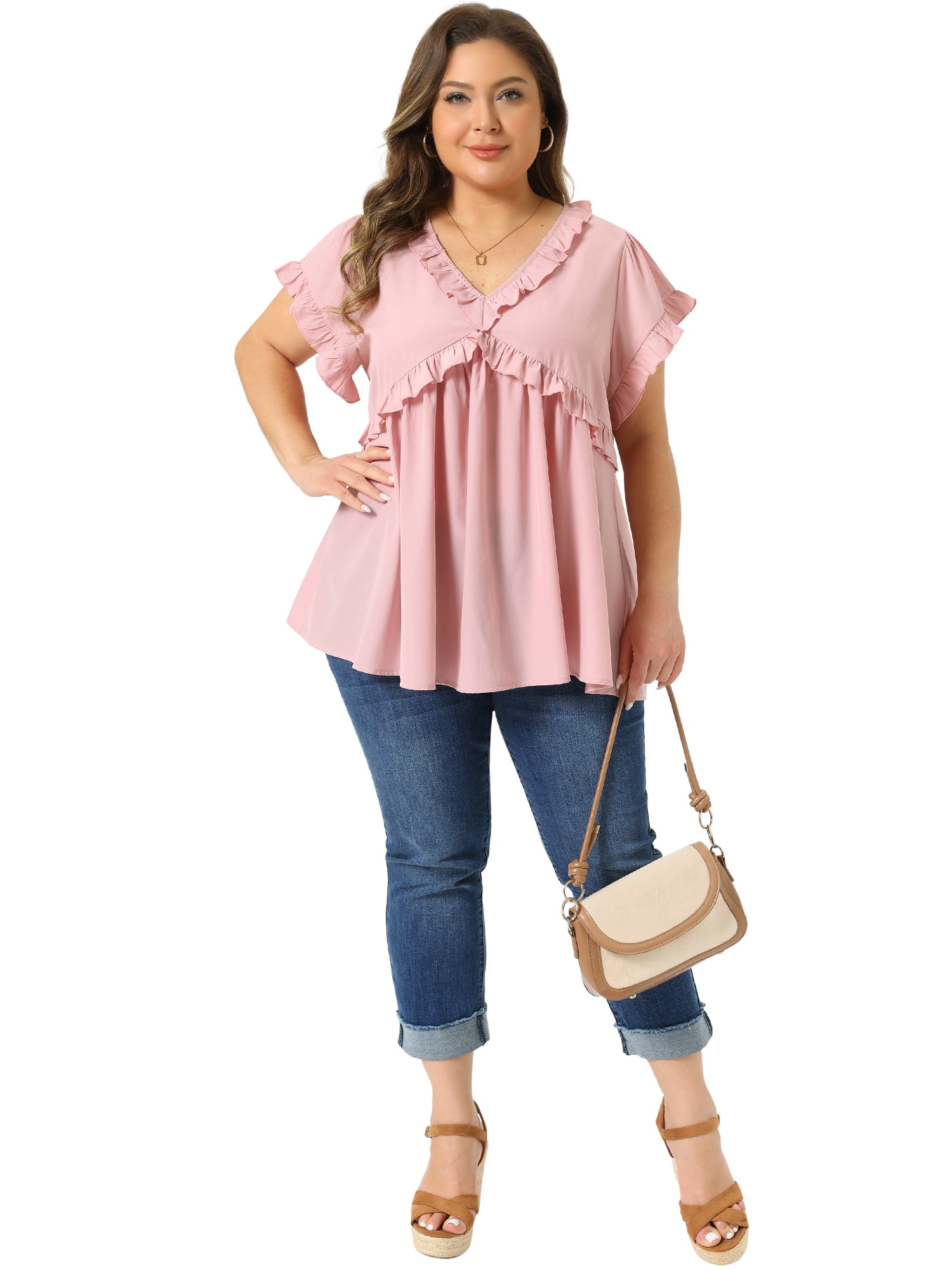 DARING DIVA Women's Plus Cute V Neck Ruffle Trim Babydoll Blouse 1X Pink