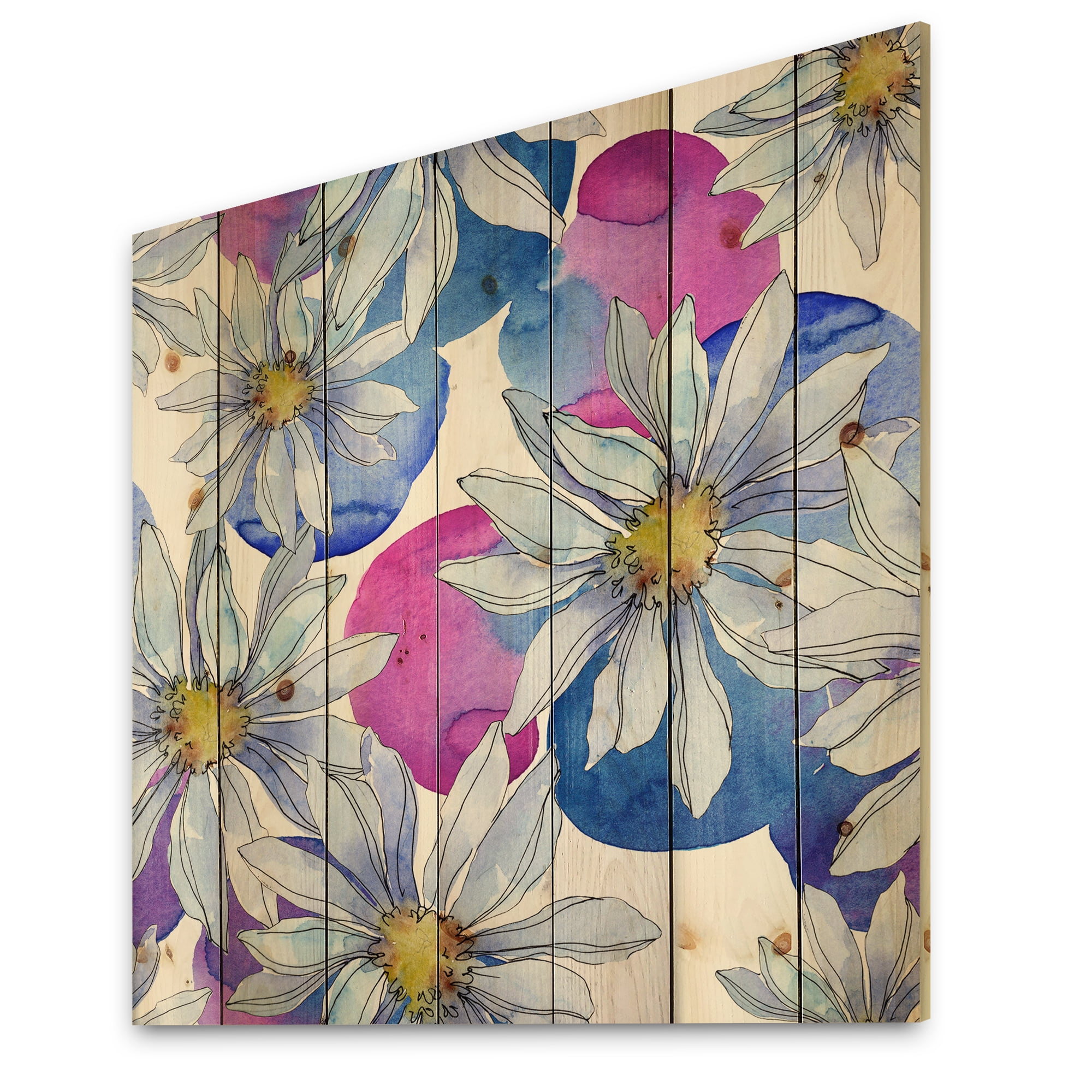 Designart 'Daisies On Red and Blue Backgorund' Traditional Print on Natural Pine Wood