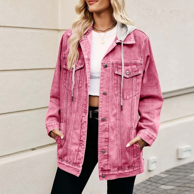 Chaqueta vaquera con capucha y manga larga para mujer, de color liso, con solapa y manga larga, a la moda
