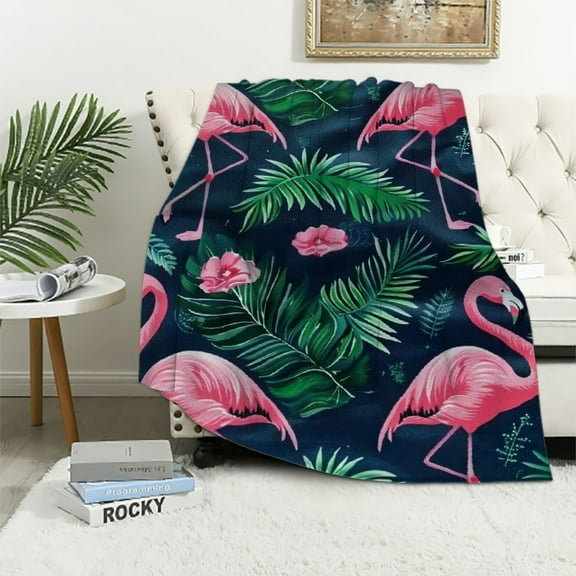 JRXY Flamingo Throw Blanket, Palm Leaf Plush Bed Blanket For Women Adult, Tropical Plant Leaves Blanket Cute Pink Flower Sherpa Flannel Blanket For Bedroom Decor, Dark Blue White