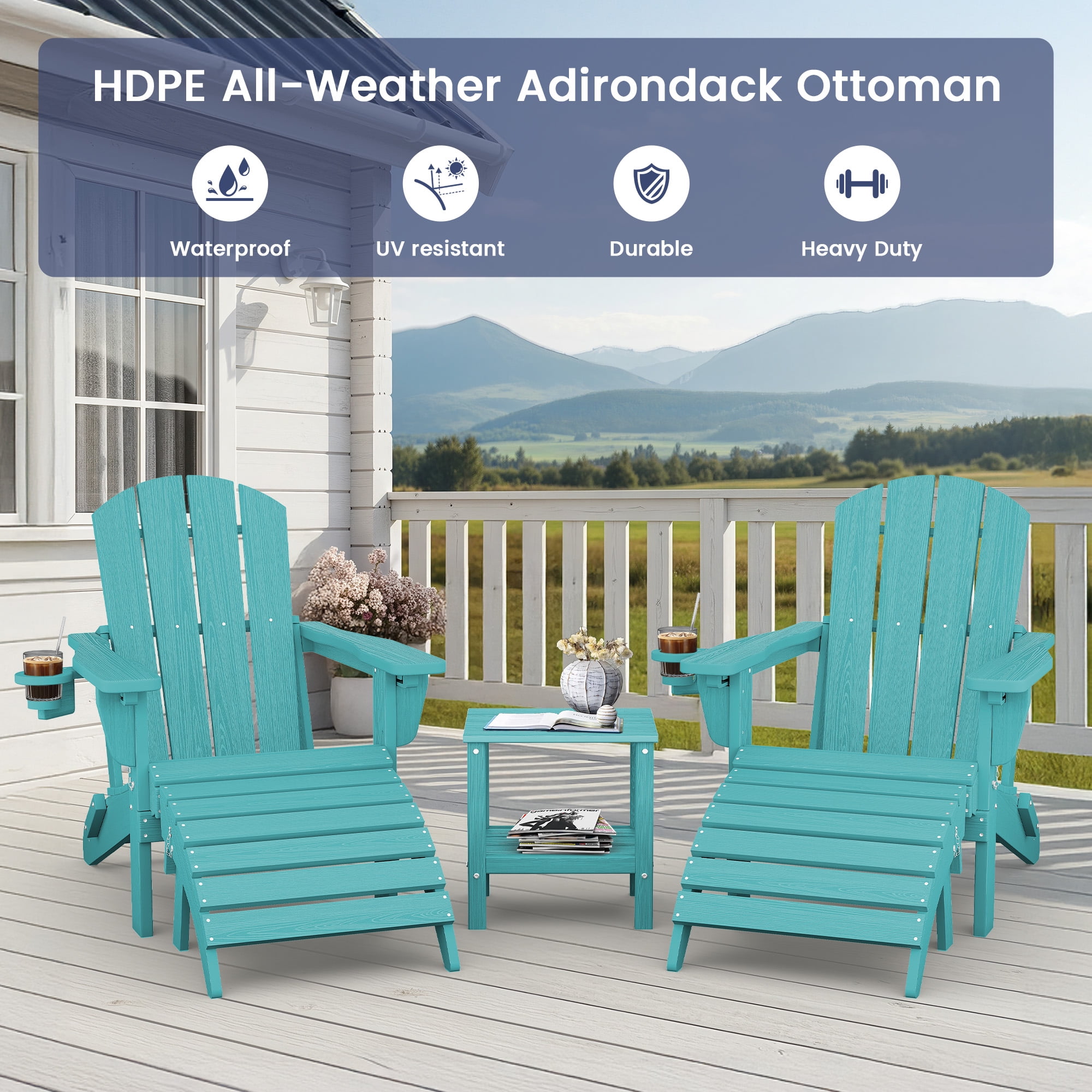SERWALL 5PC Adjustable Folding Adirondack Chair and Ottoman and Double Side Table, HDPE Adirondack Chairs Set for Outdoor, Patio, Poolside, Garden, Aruba