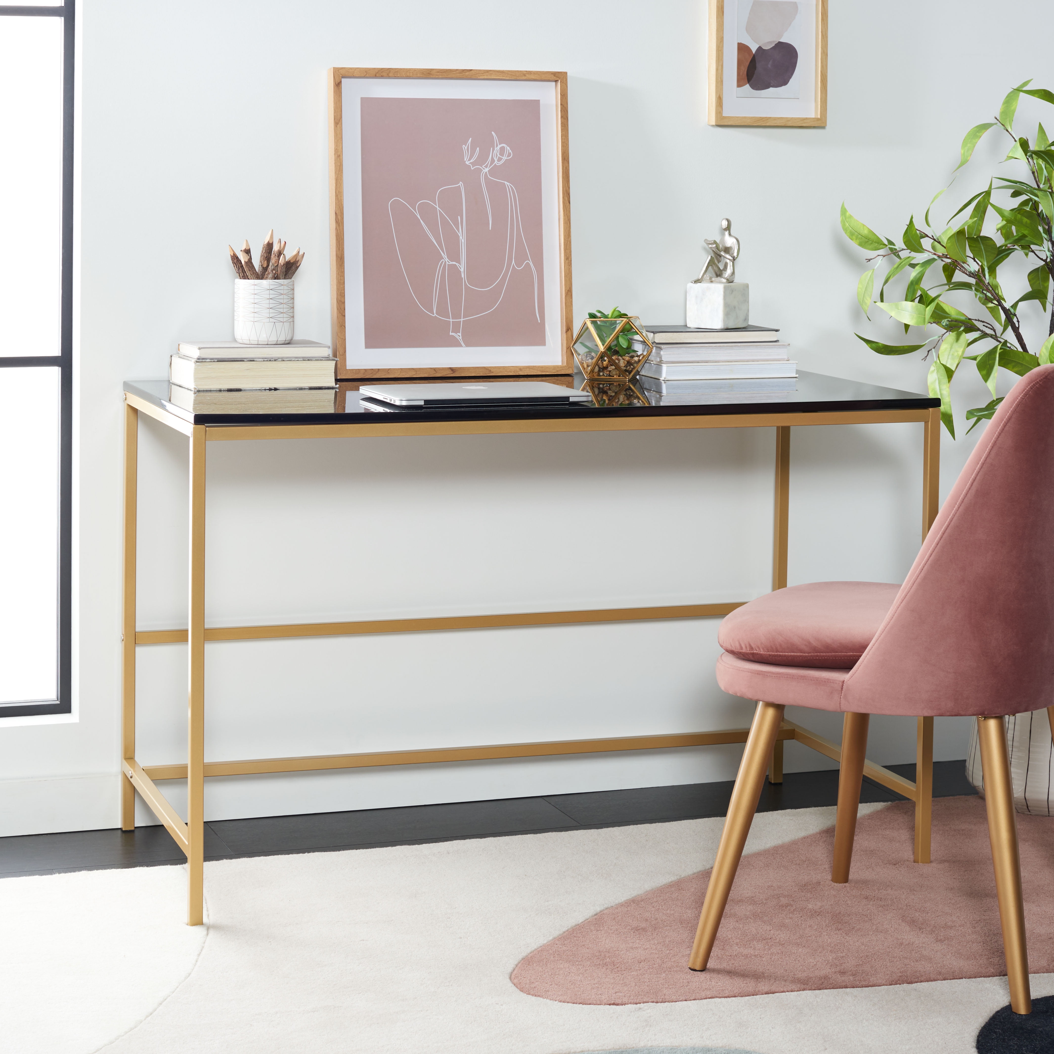 SAFAVIEH Nova Scandinavian Black/Gold Wood Writing Desk (47.3 in. W x 23.6 in. D x 29.5 in. H)
